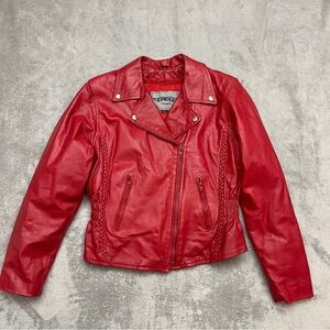 Unik Red Leather Biker Jacket Women's Large Braided Moto Motorcycle Vtg Style